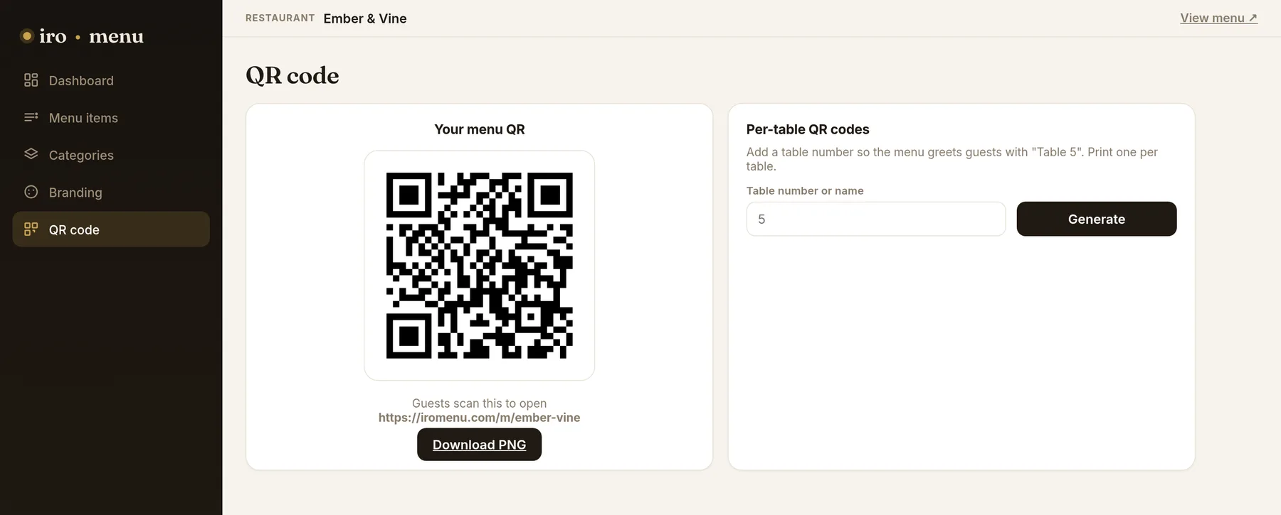 The QR code screen. On the left, the restaurant's QR code with the menu address beneath it and
                   a Download PNG button. On the right, a box for generating a per-table code from a table number.