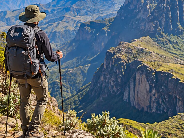 A hiker with trekking poles looking out over the cliffs of the Simien Mountains