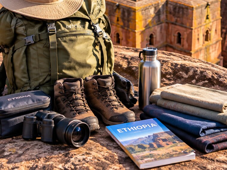 A backpack, hiking boots, a camera and a guidebook laid out on the rock above a Lalibela church