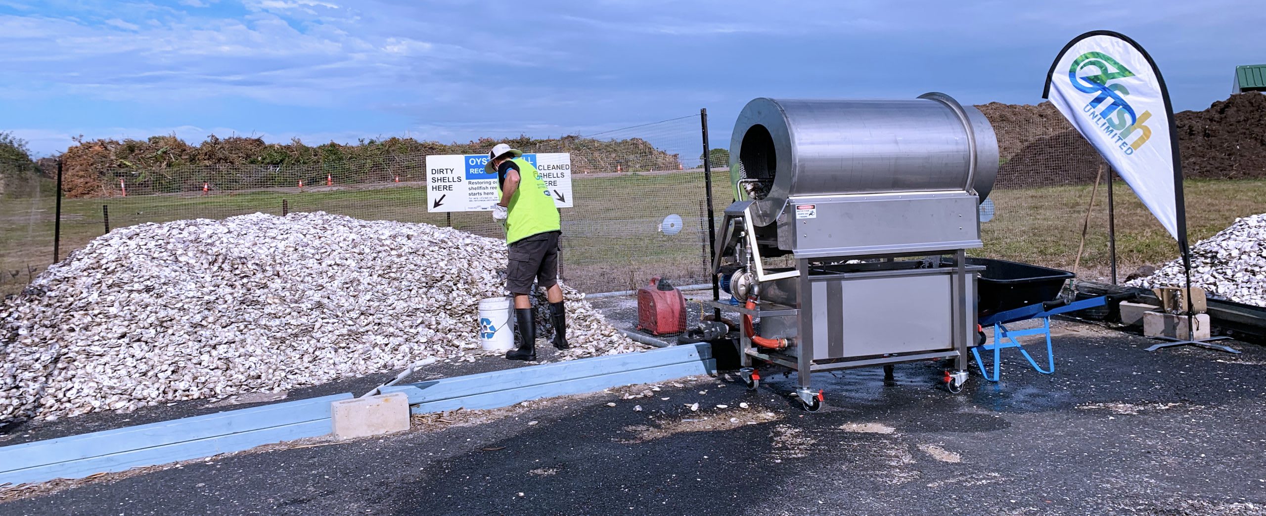 Shell washer to power clean oyster shells in Pumicestone