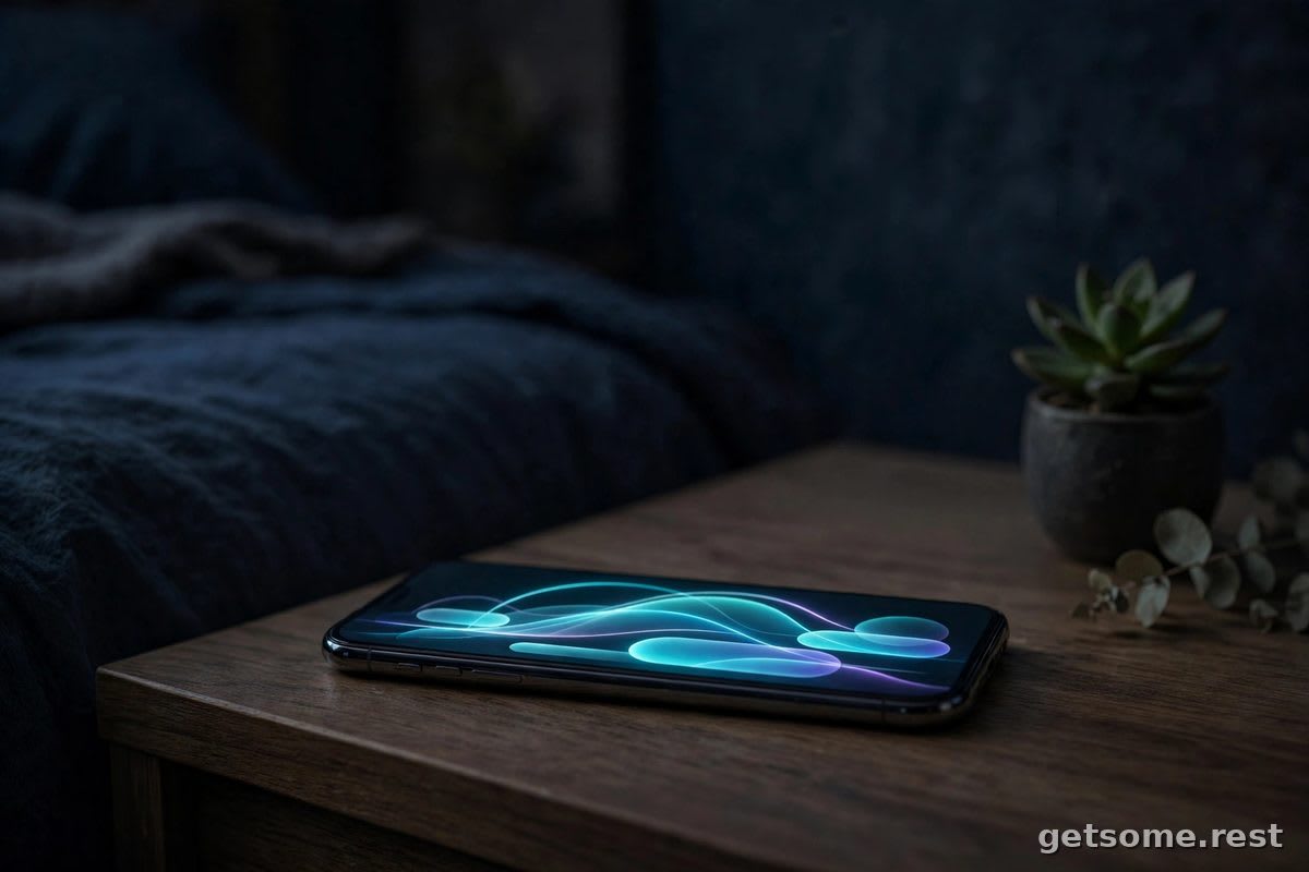 Smartphone showing a sleep coaching app with sleep score and bedtime schedule on a nightstand