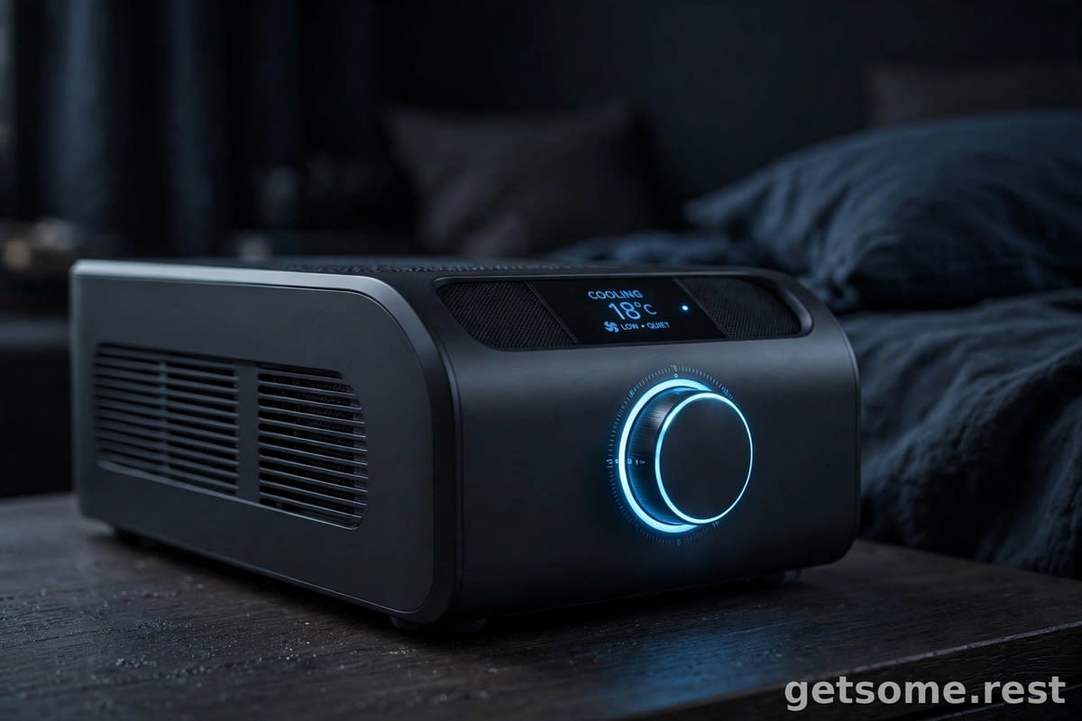 Close-up of a sleek bedside cooling unit with a glowing control dial in a dark bedroom