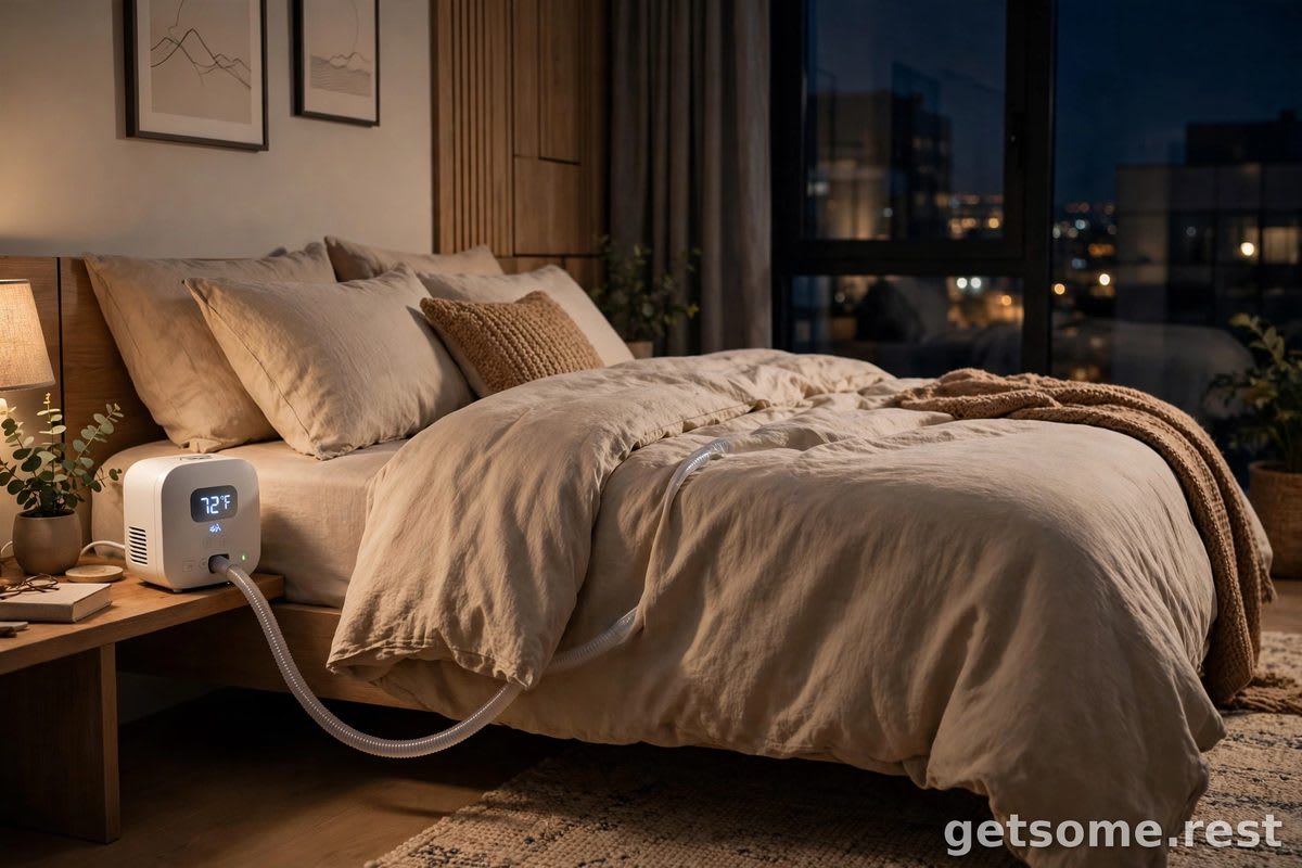 Bed with a small bedside air unit connected by a soft hose under the sheets, cozy modern bedroom at night