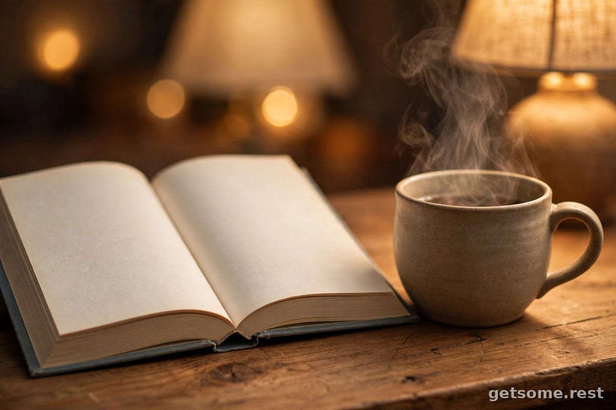 Warm bedside lamp, journal, and white noise machine arranged on a nightstand at night