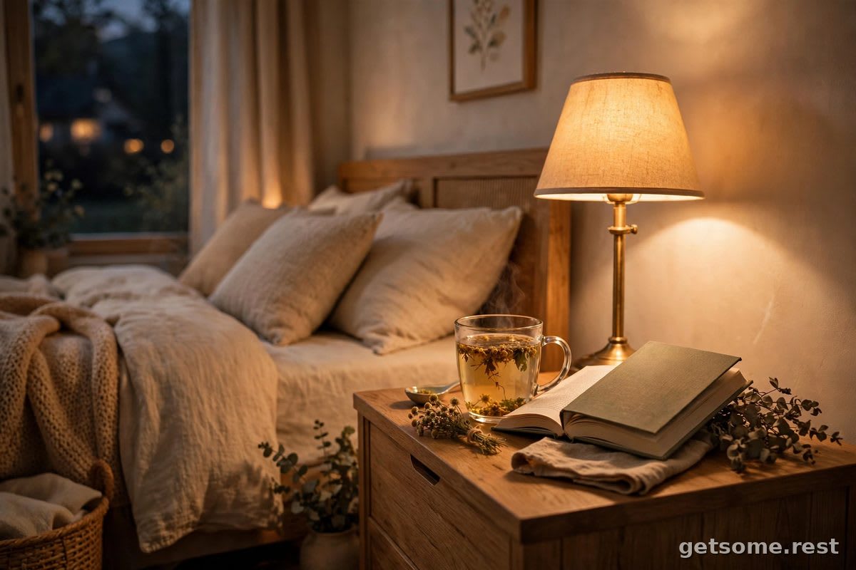 Person winding down in a dimly lit bedroom, reading in bed before sleep
