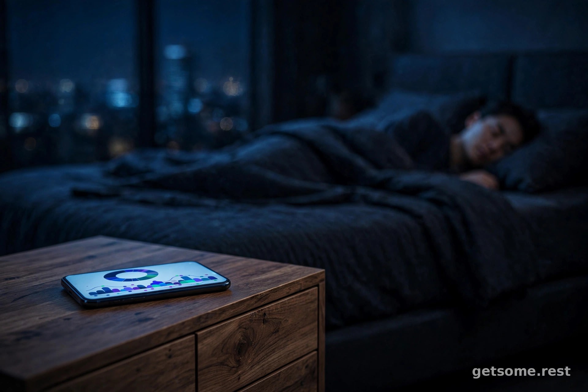 Smartphone on a nightstand glowing with a sleep-tracking app dashboard while someone sleeps in a dark bedroom