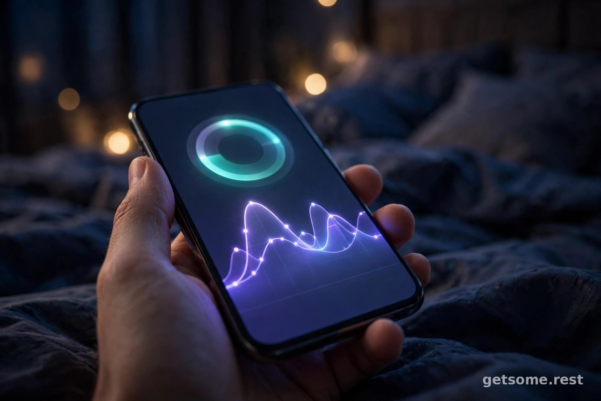 Hand holding a phone showing an AI sleep analytics app with an energy schedule graph over a bed at night
