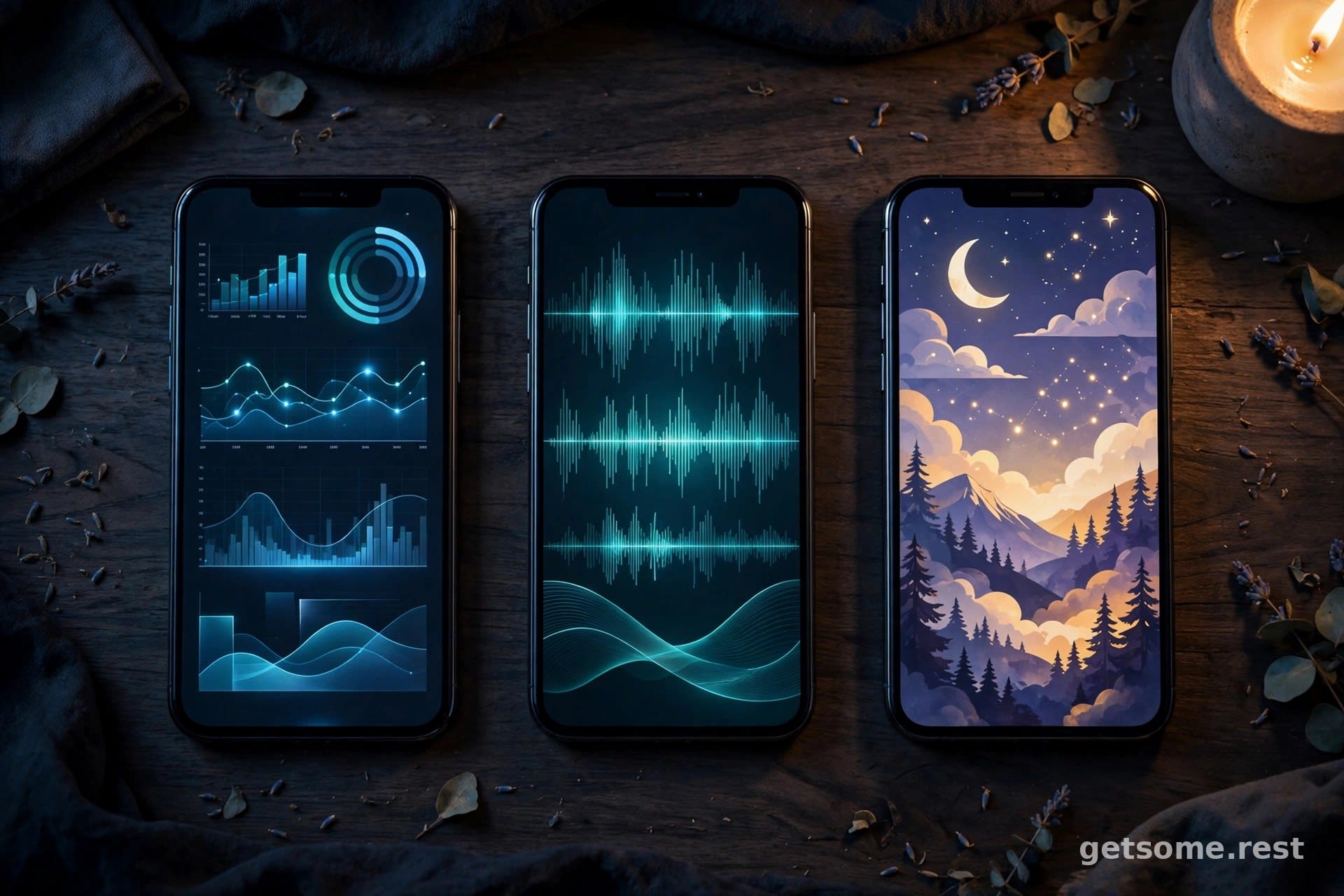 Three smartphones showing different AI sleep app interfaces on a dark bedside table