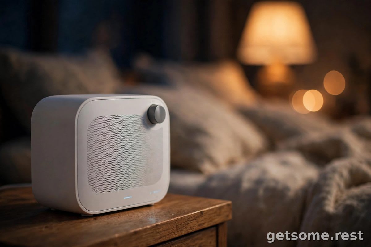 White noise machine on a wooden nightstand in a dark bedroom, glowing softly under warm lamplight