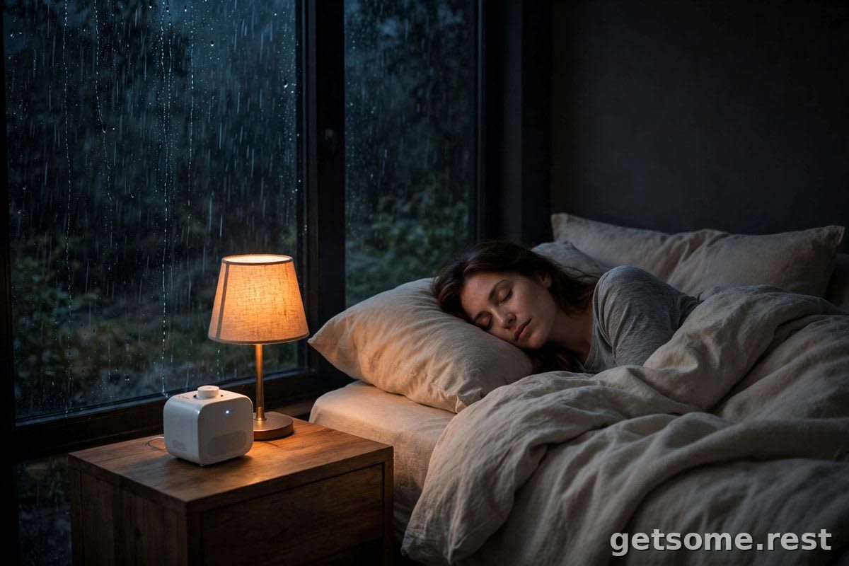 Person sleeping peacefully in a dark bedroom at night with rain streaking the window and a white noise machine on the nightstand