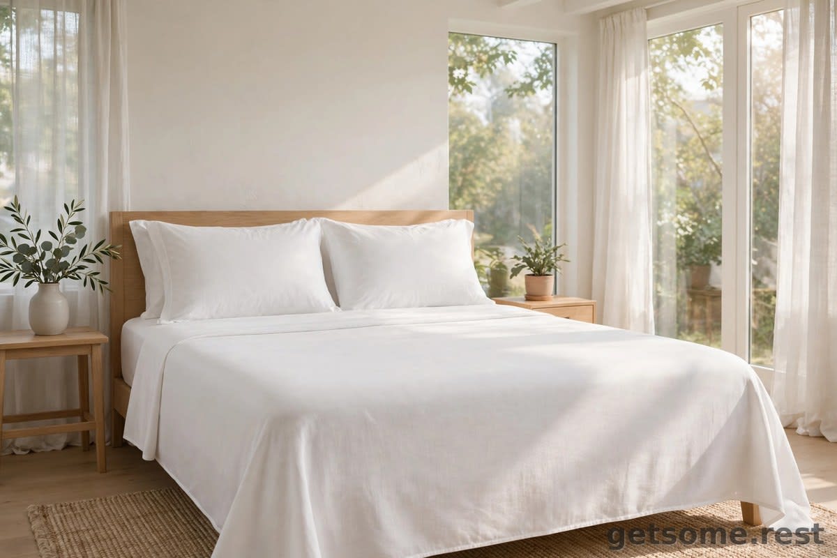 Crisp white cooling bed sheets on a neatly made bed in a bright airy bedroom with morning sunlight