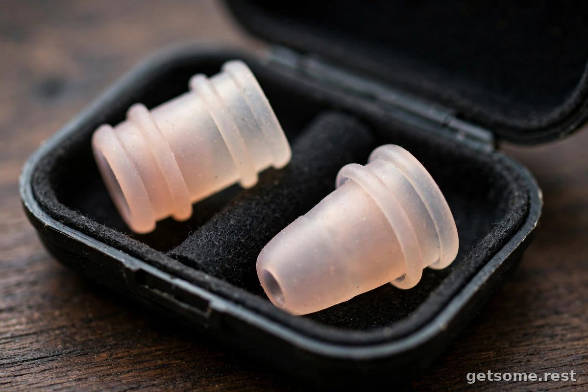A hand holding several types of sleep earplugs: silicone loops, moldable putty plugs and filtered plugs