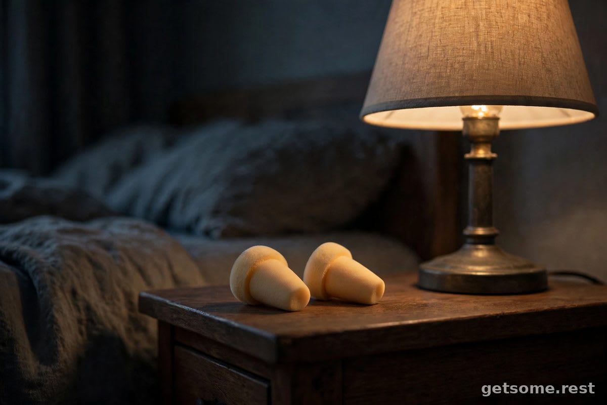 A pair of reusable silicone earplugs and a travel case on a nightstand next to a sleeping partner
