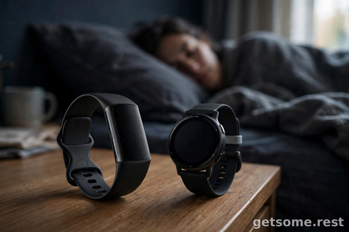 Fitbit Charge 6 and Garmin Vivoactive 5 side by side on a nightstand while someone sleeps in a dark bedroom