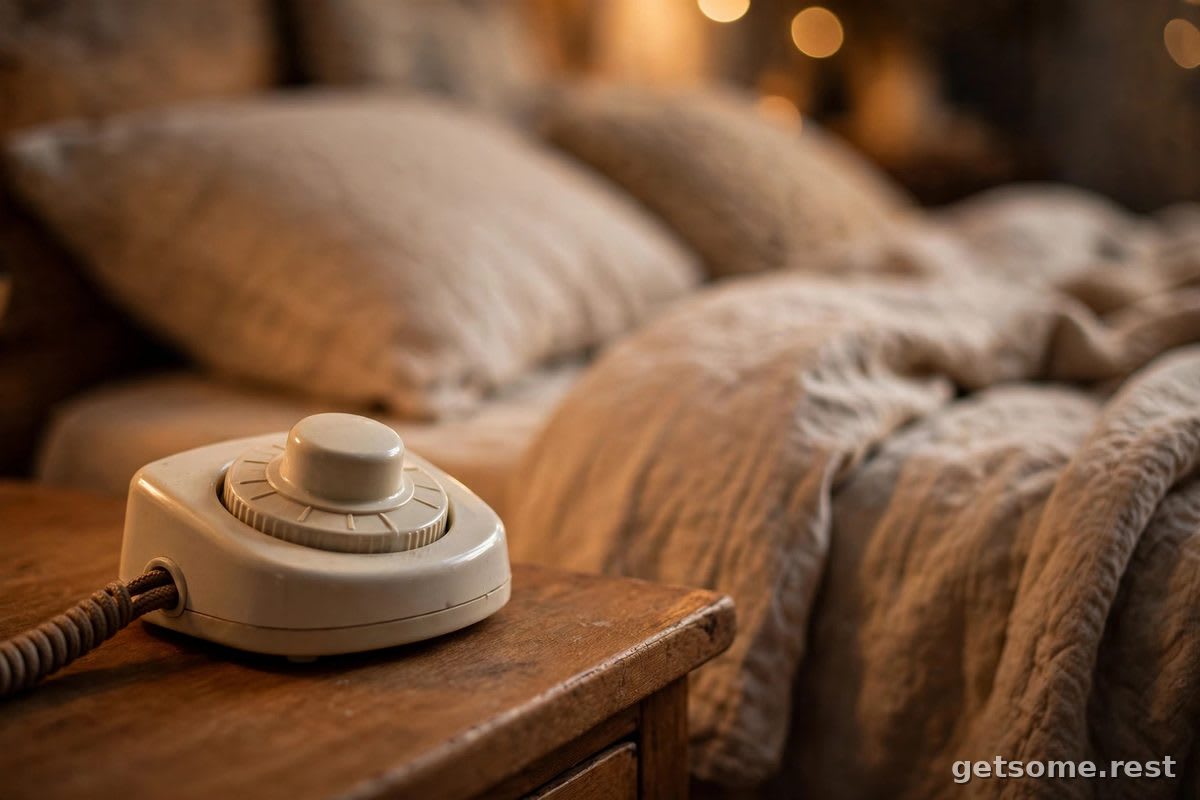 Close-up of a heated mattress pad controller dial on a nightstand