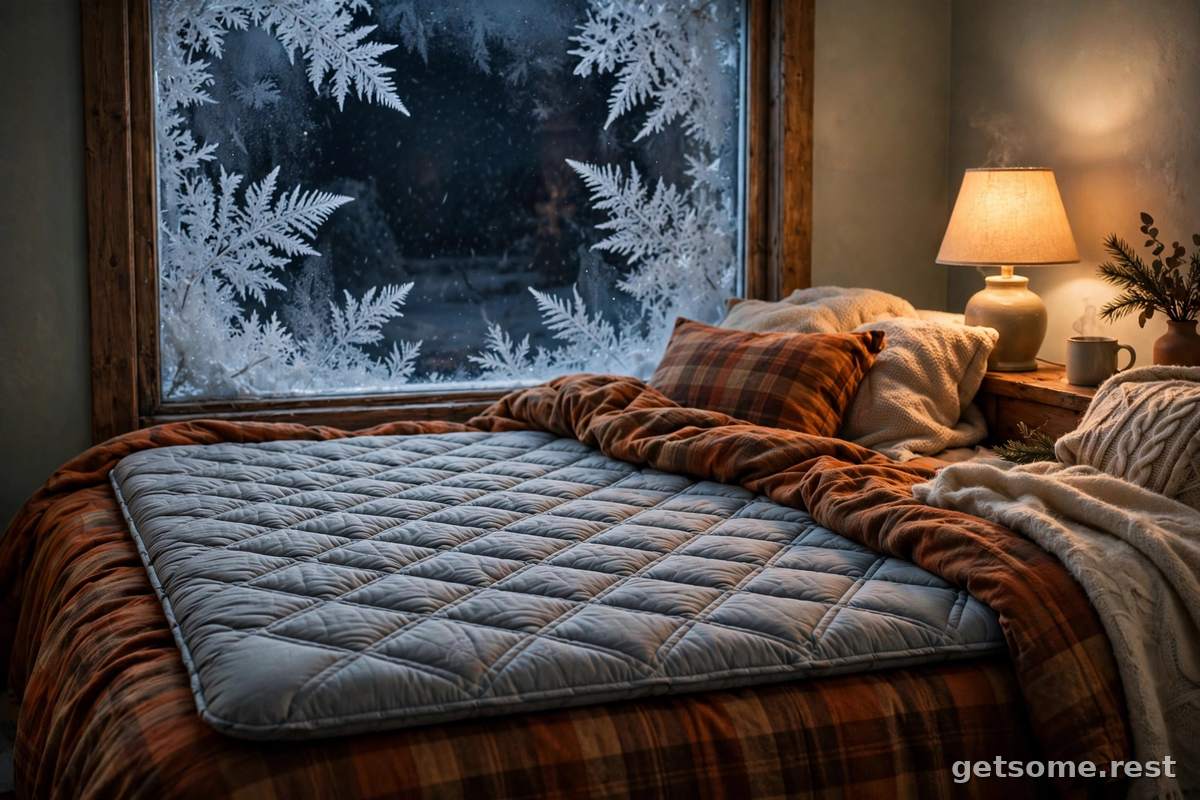 Heated mattress pad with quilted texture on a bed in a cozy winter bedroom at night