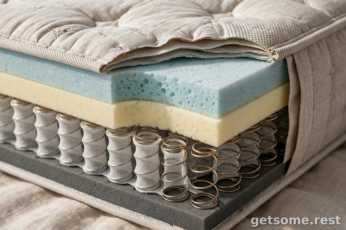 Close-up of a hybrid mattress cutaway showing coil springs, foam comfort layers and a breathable cover