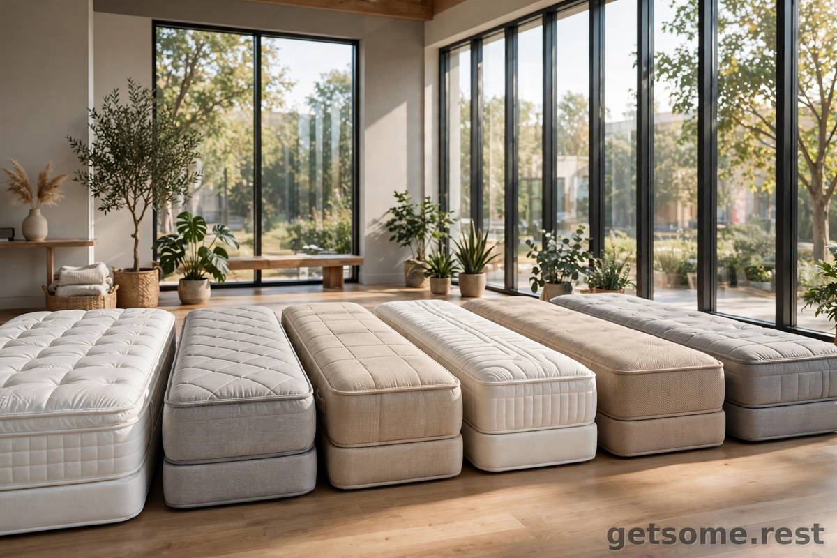 Six queen-size mattresses lined up in a bright modern showroom with morning light streaming through tall windows
