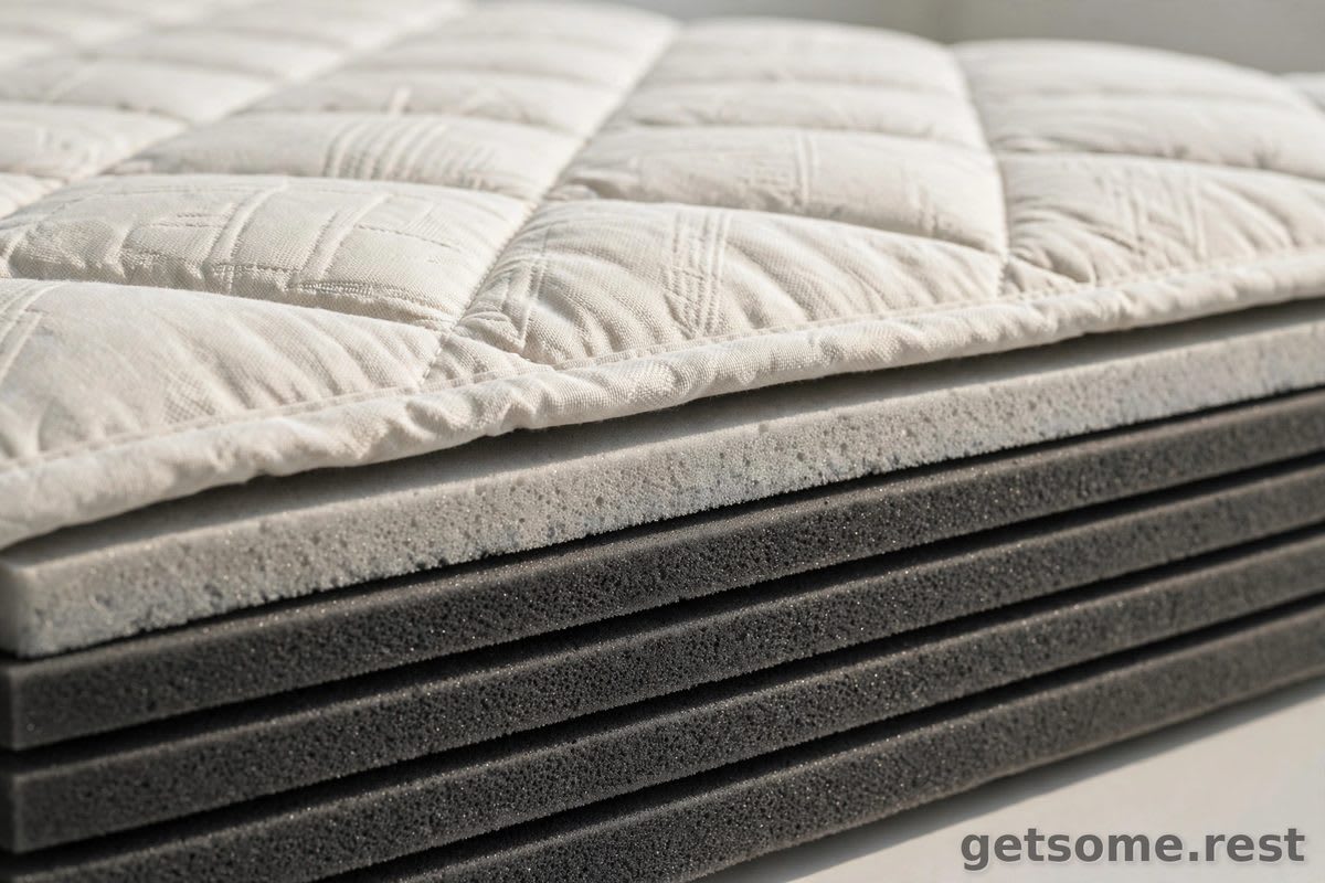 Close-up of a mattress edge showing firm high-density support foam layers beneath a quilted cover