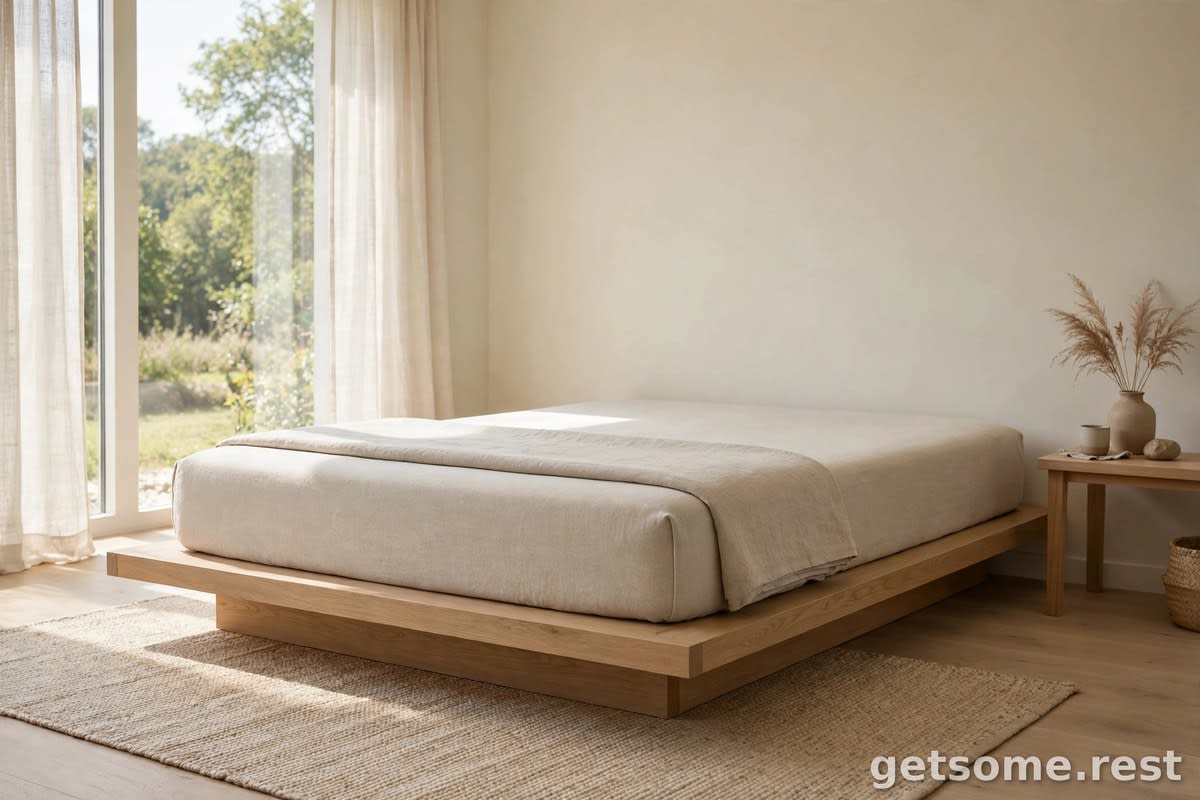 Firm supportive mattress on a minimalist platform bed in a calm bedroom with natural daylight