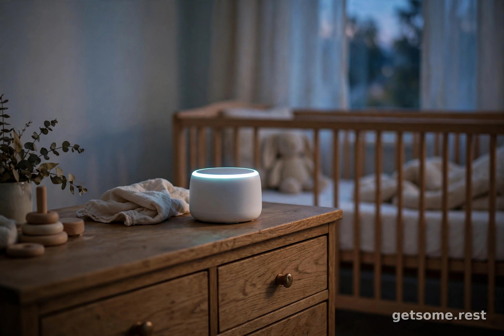Glowing white noise machine on a dresser in a dim nursery at naptime