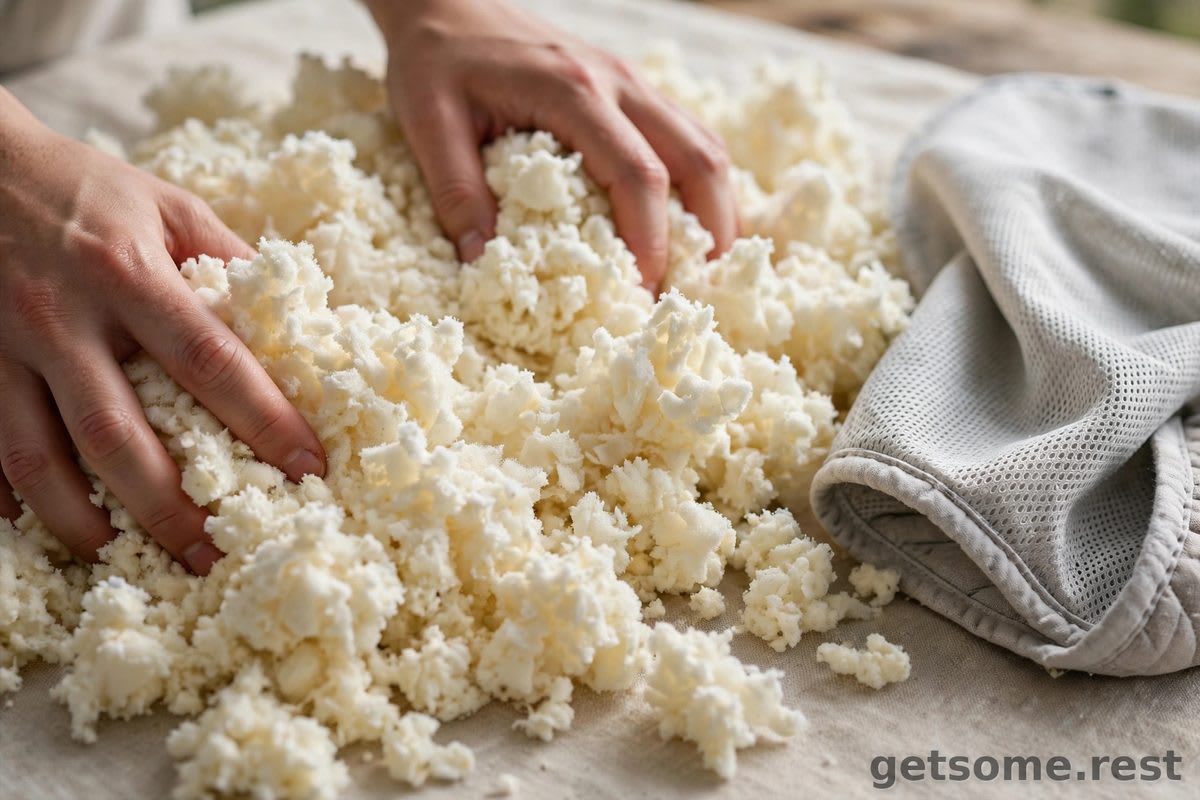 Close-up of shredded memory foam pillow fill being fluffed by hands, with a breathable cooling cover nearby