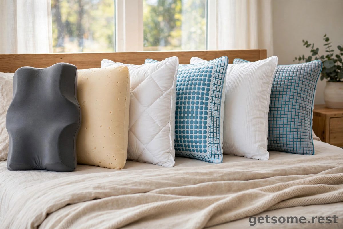 Six different pillows &mdash; memory foam, latex, down alternative and cooling grid designs &mdash; arranged on a neatly made bed in daylight