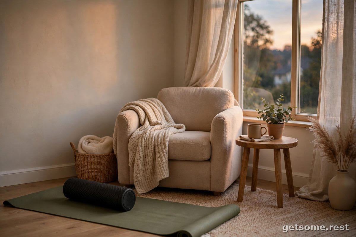Home recovery corner with yoga mat, foam roller and cozy chair by a window