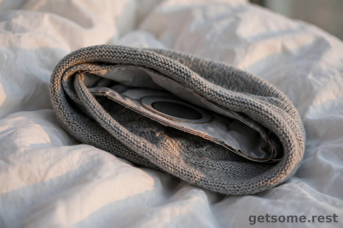 Close-up of a grey knitted sleep headband revealing the thin flat speaker inside, on white bedsheets