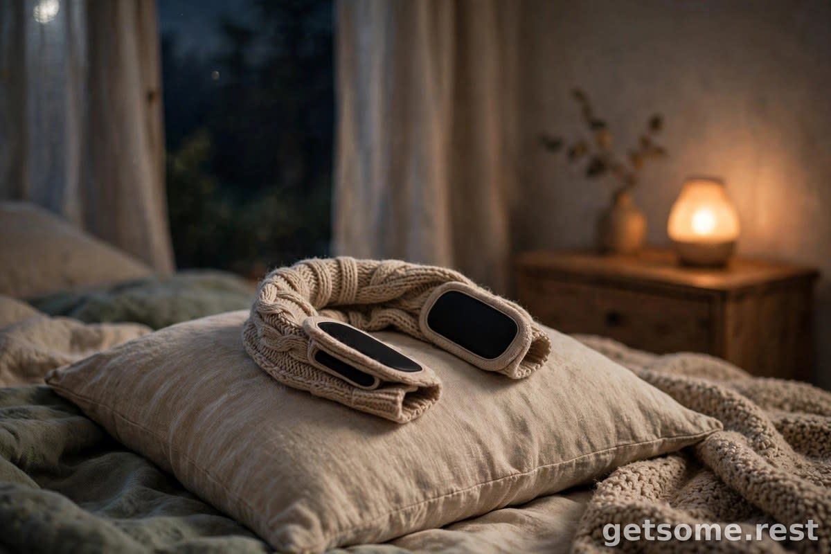 Soft knitted sleep headband with flat ear speakers lying on a pillow in a dim cozy bedroom at night