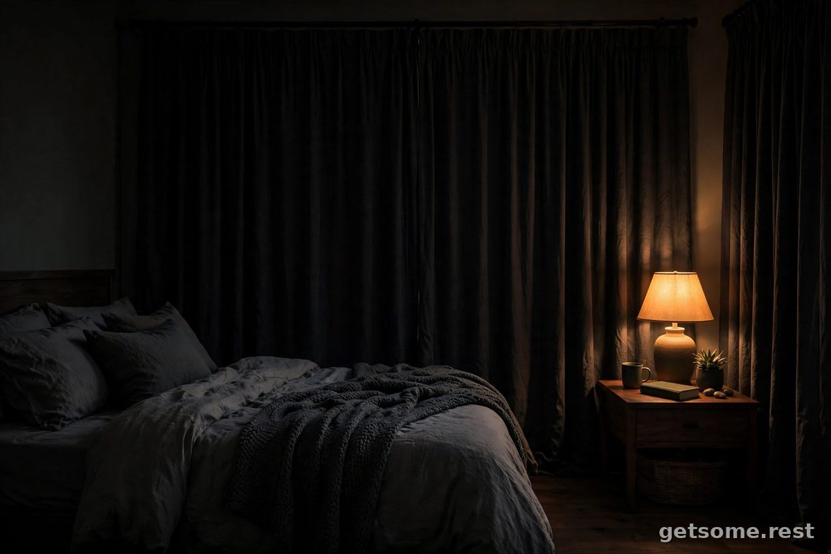 Night shift worker sleeping during the day in a dark bedroom with blackout curtains