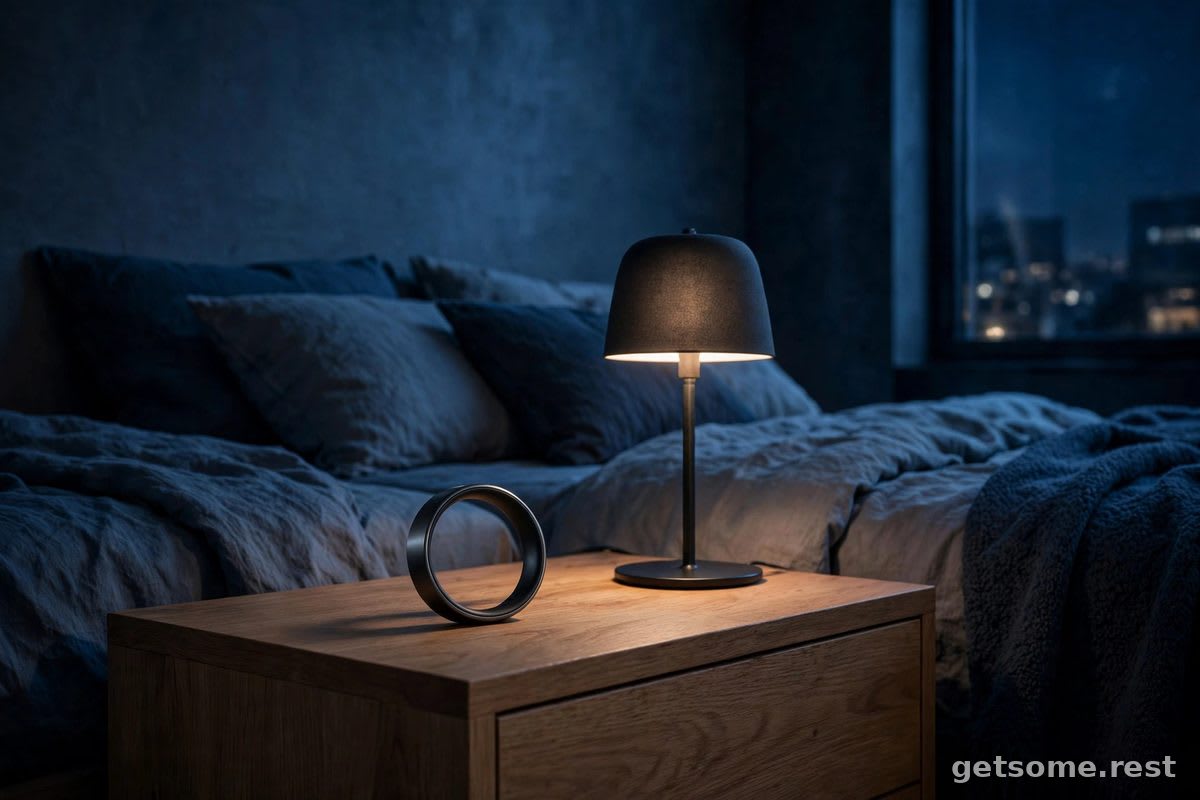 Withings Sleep Analyzer mat and two fitness trackers on a bedside table at night