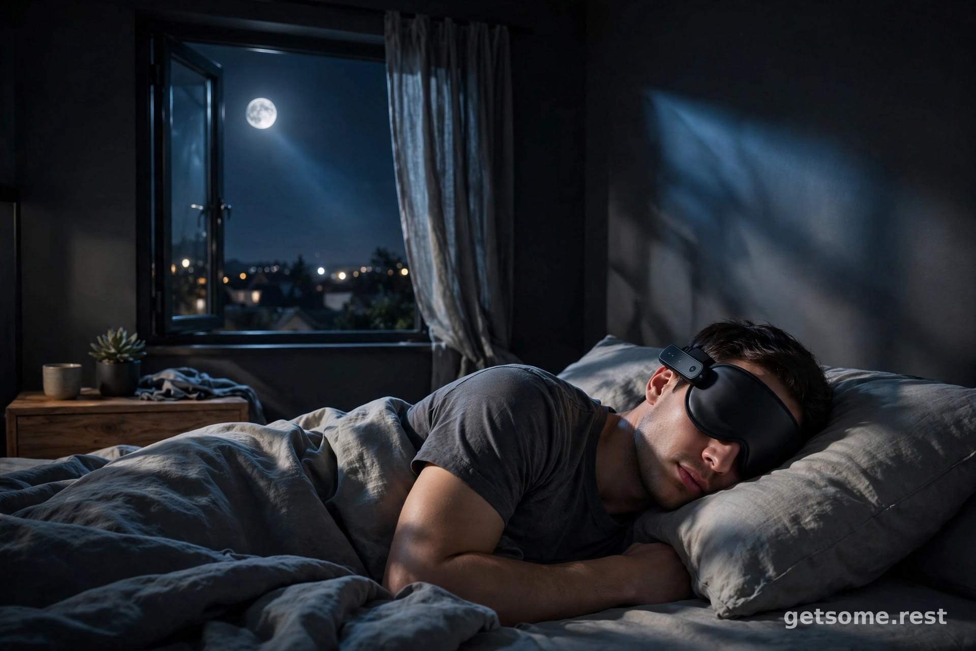 Person sleeping peacefully on their side in a dark bedroom wearing a modern black smart sleep mask