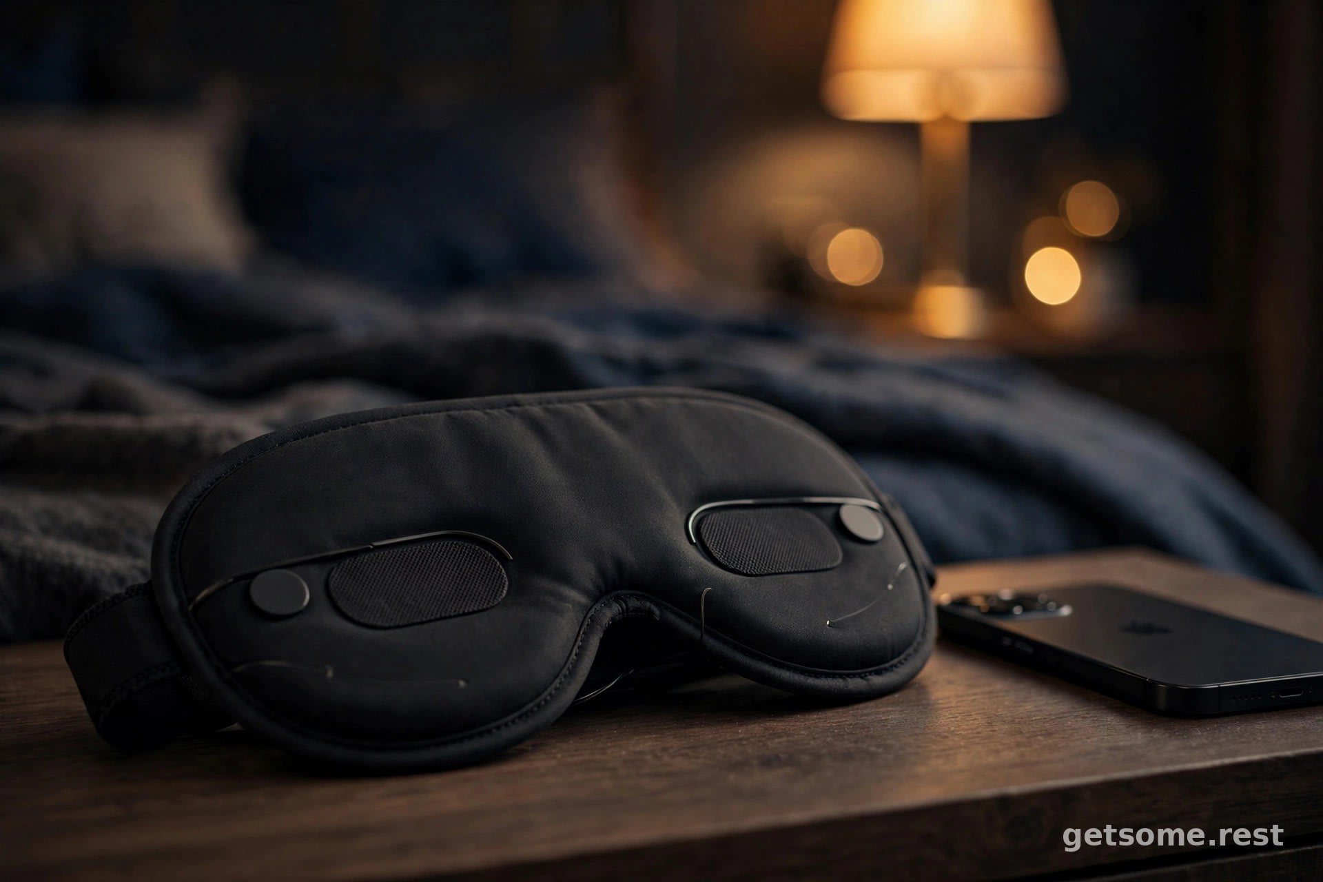 Close-up of a premium black sleep mask with thin built-in bluetooth speaker pads on a nightstand