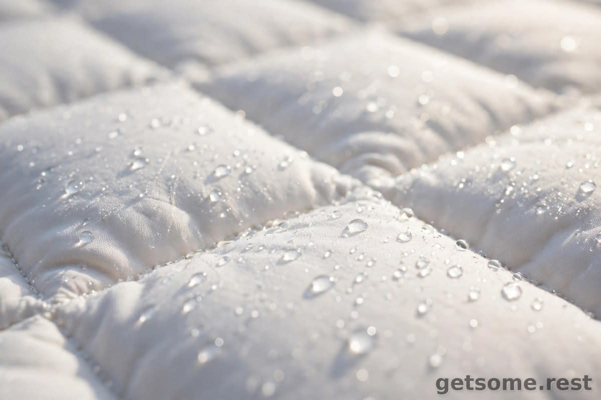 Close-up of mattress protector fabric with water droplets beading on the surface