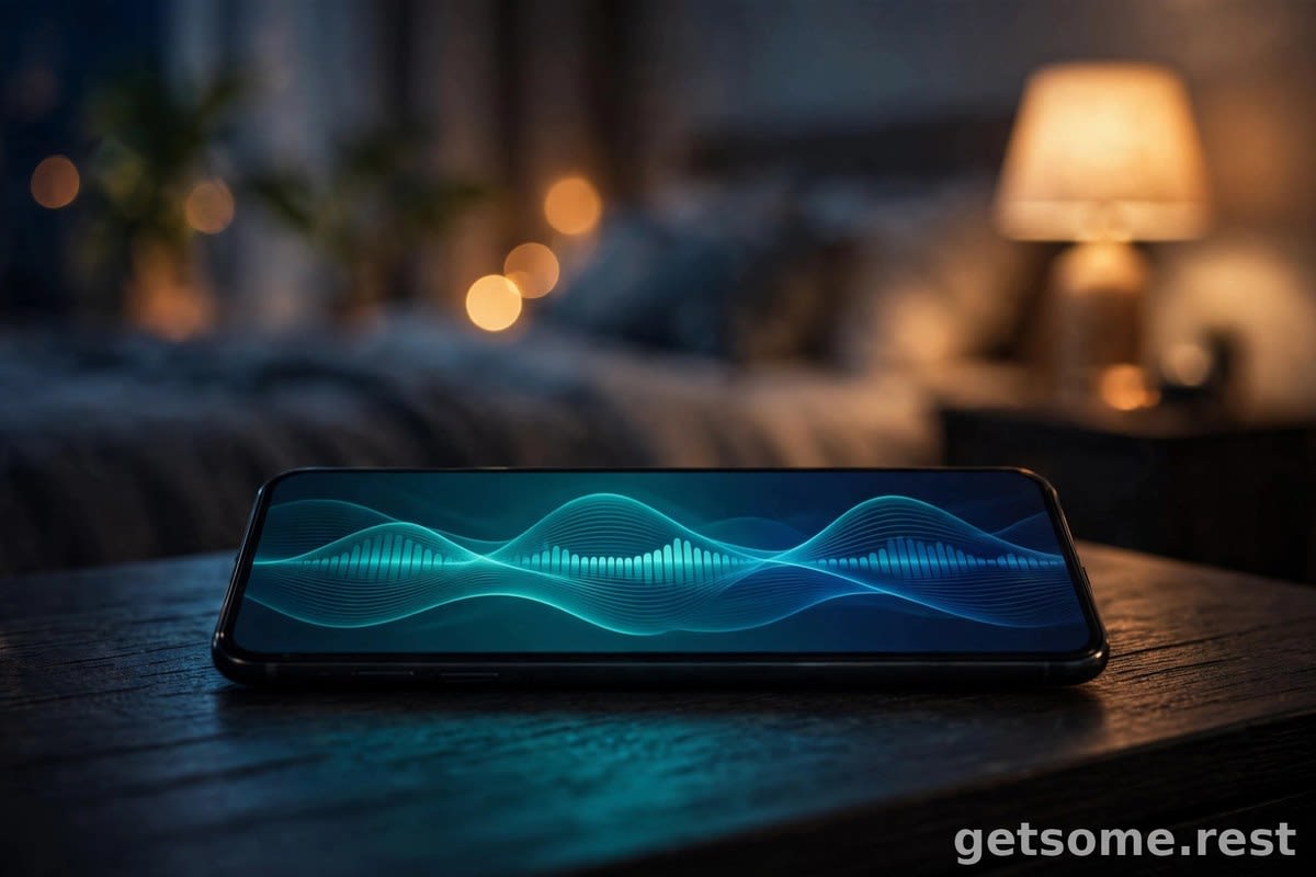 Smartphone playing a white noise app on a nightstand in a dark, calm bedroom