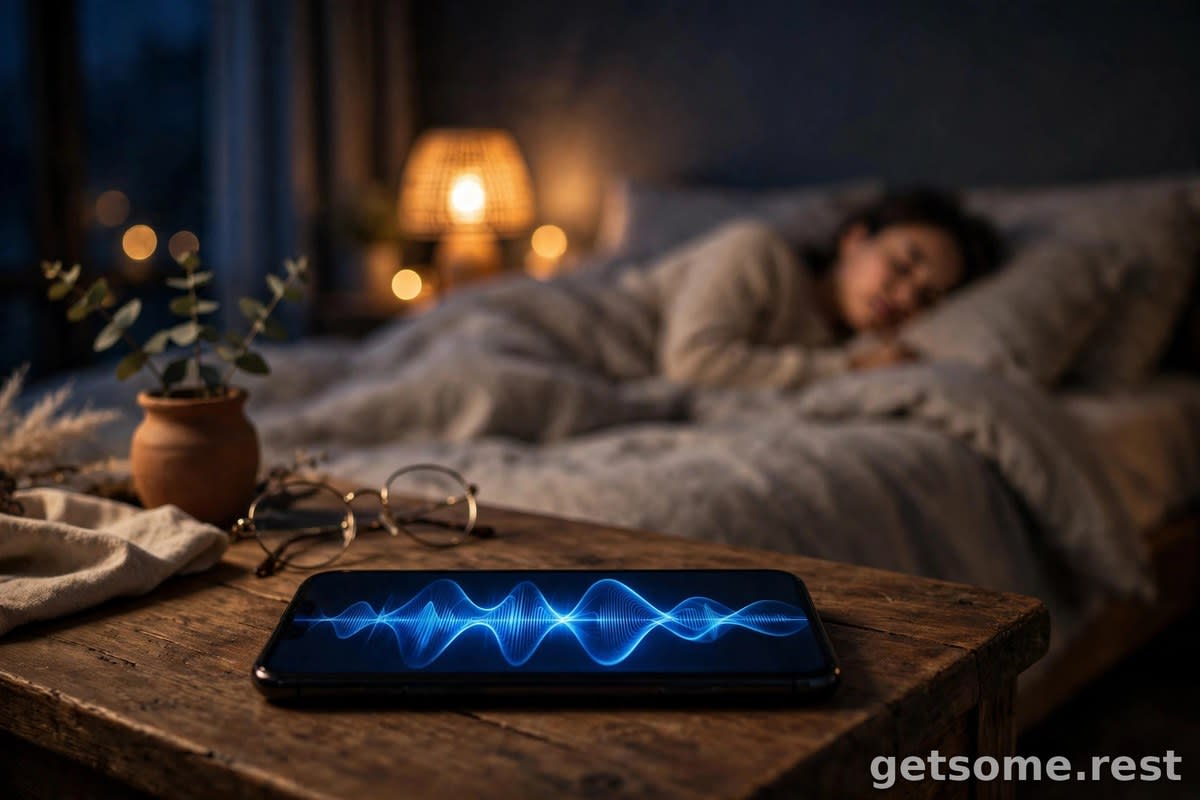 Smartphone playing a white noise app on a nightstand in a dark, calm bedroom