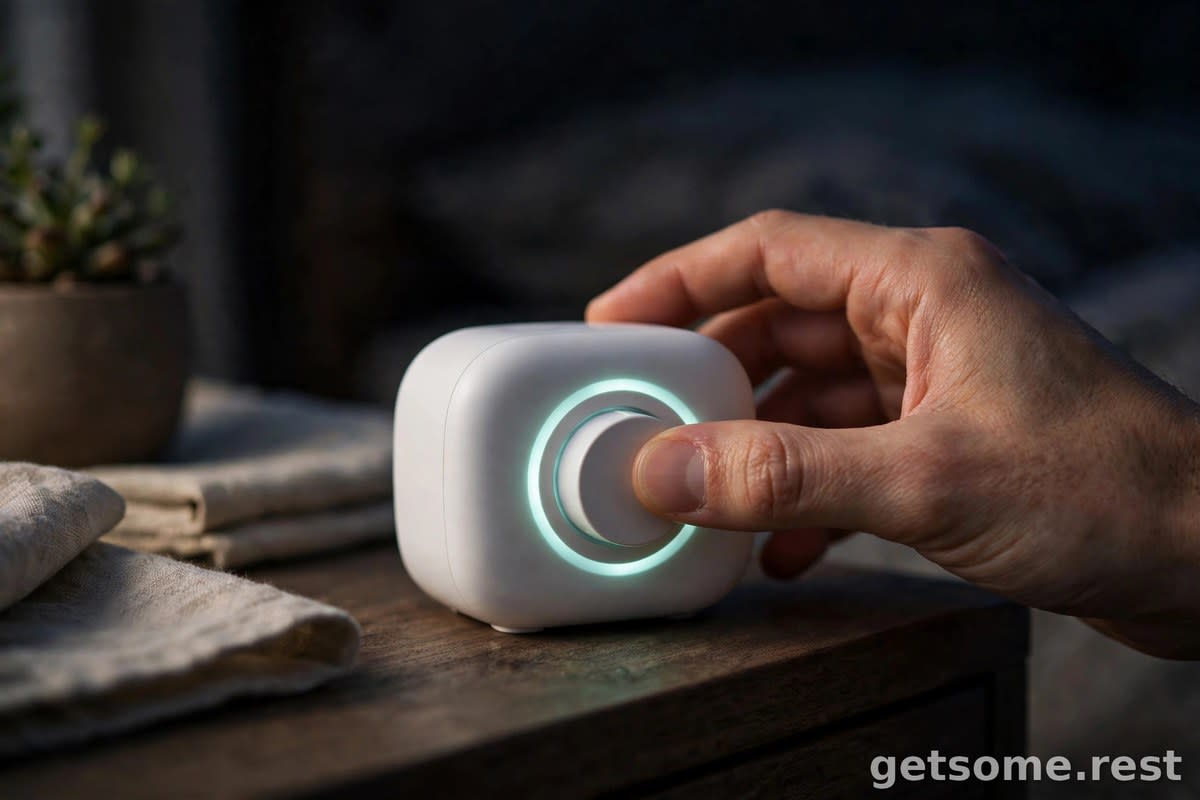 Hand turning the dial on a compact white noise machine glowing softly on a dark nightstand