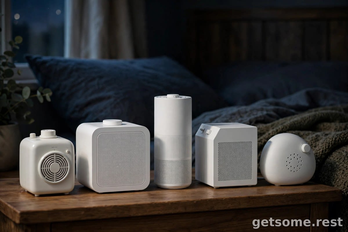 Five white noise machines of different designs lined up on a wooden nightstand in a dark cozy bedroom at night