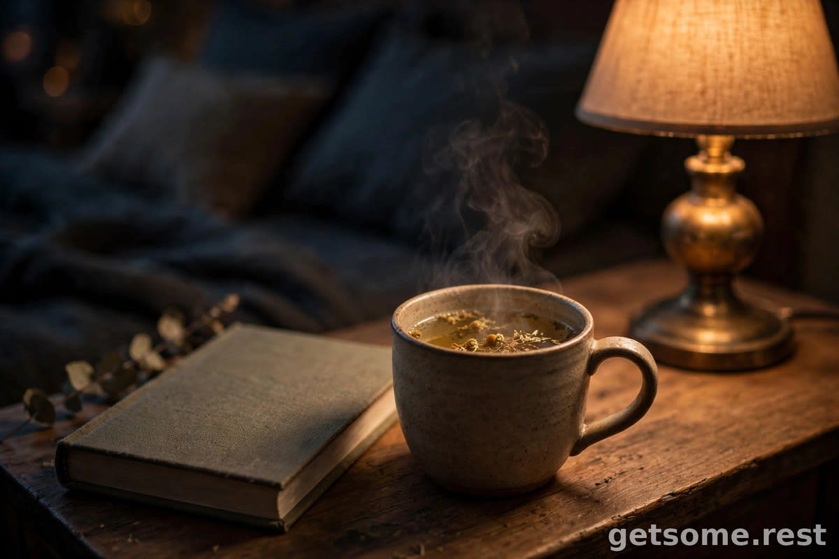 Nightstand with a dimmed warm lamp, a steaming mug of herbal tea and a book in a dark cozy bedroom