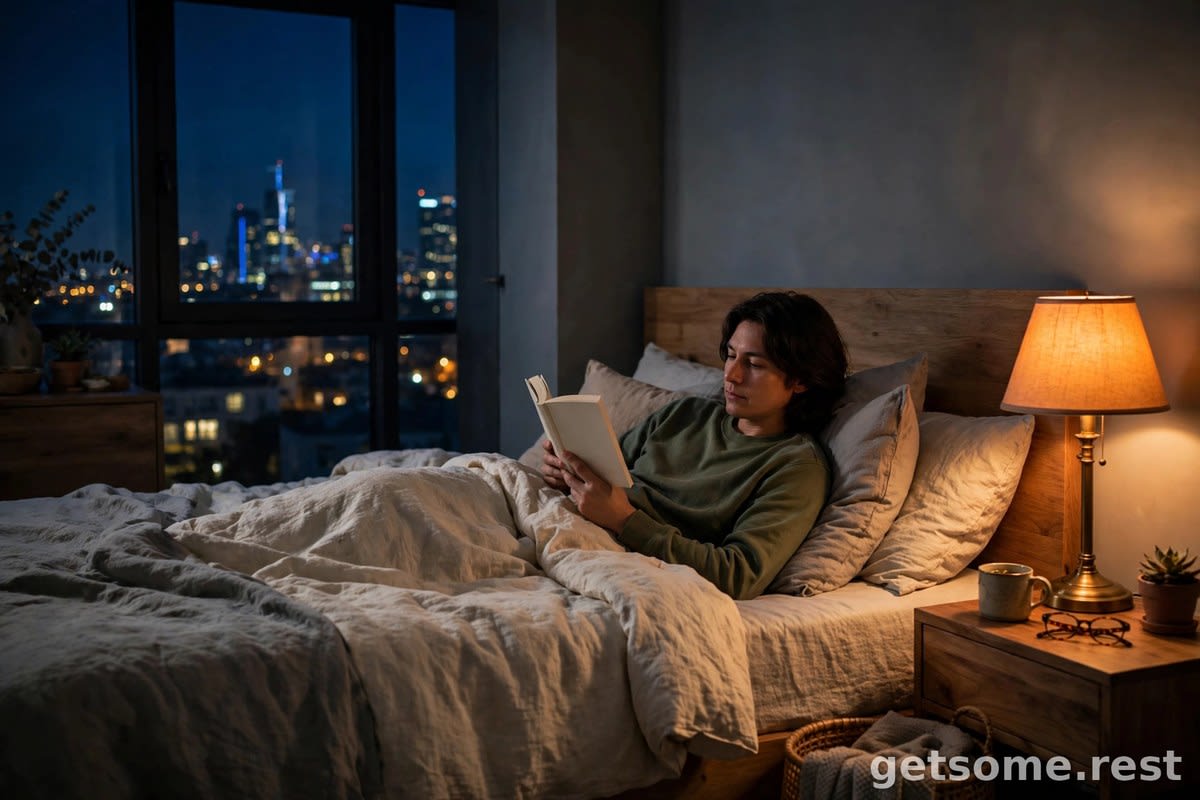 Person reading a book in bed in a dimly lit bedroom at night, city lights glowing through the window