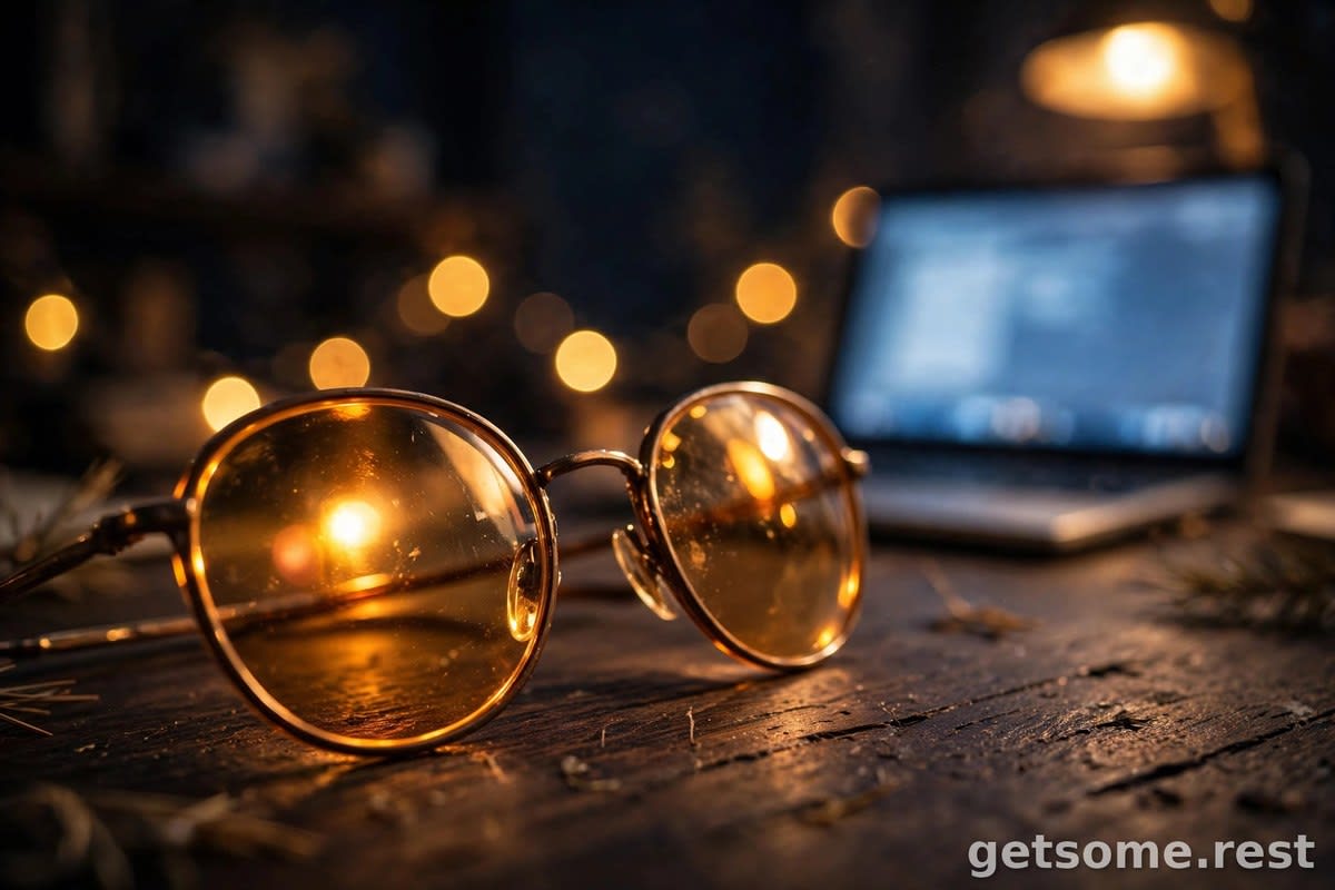 Close-up of amber blue-light glasses on a nightstand beside a phone in a dark bedroom at night