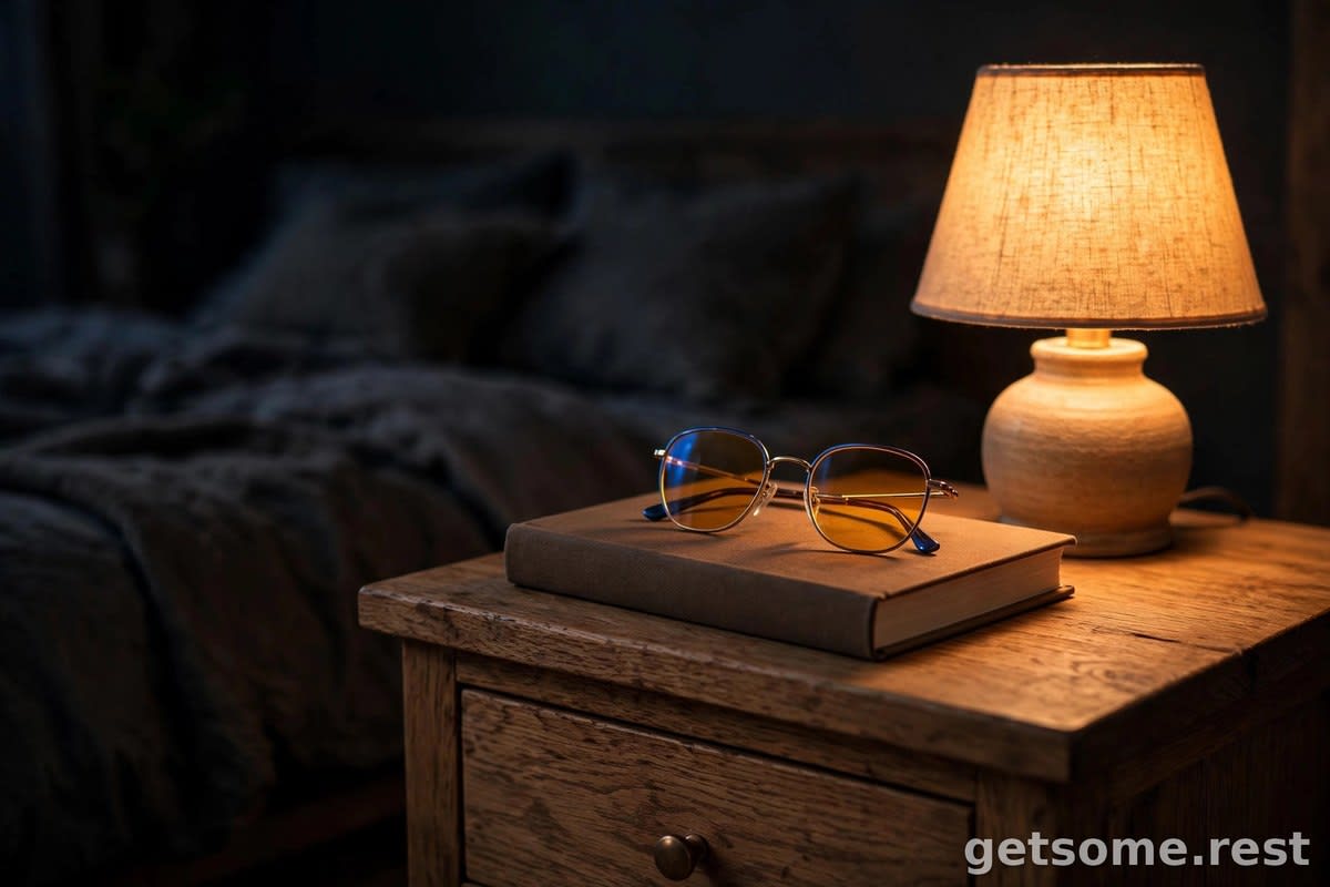 Person wearing amber-tinted glasses using a laptop in a dim bedroom at night, warm orange glow on the lenses