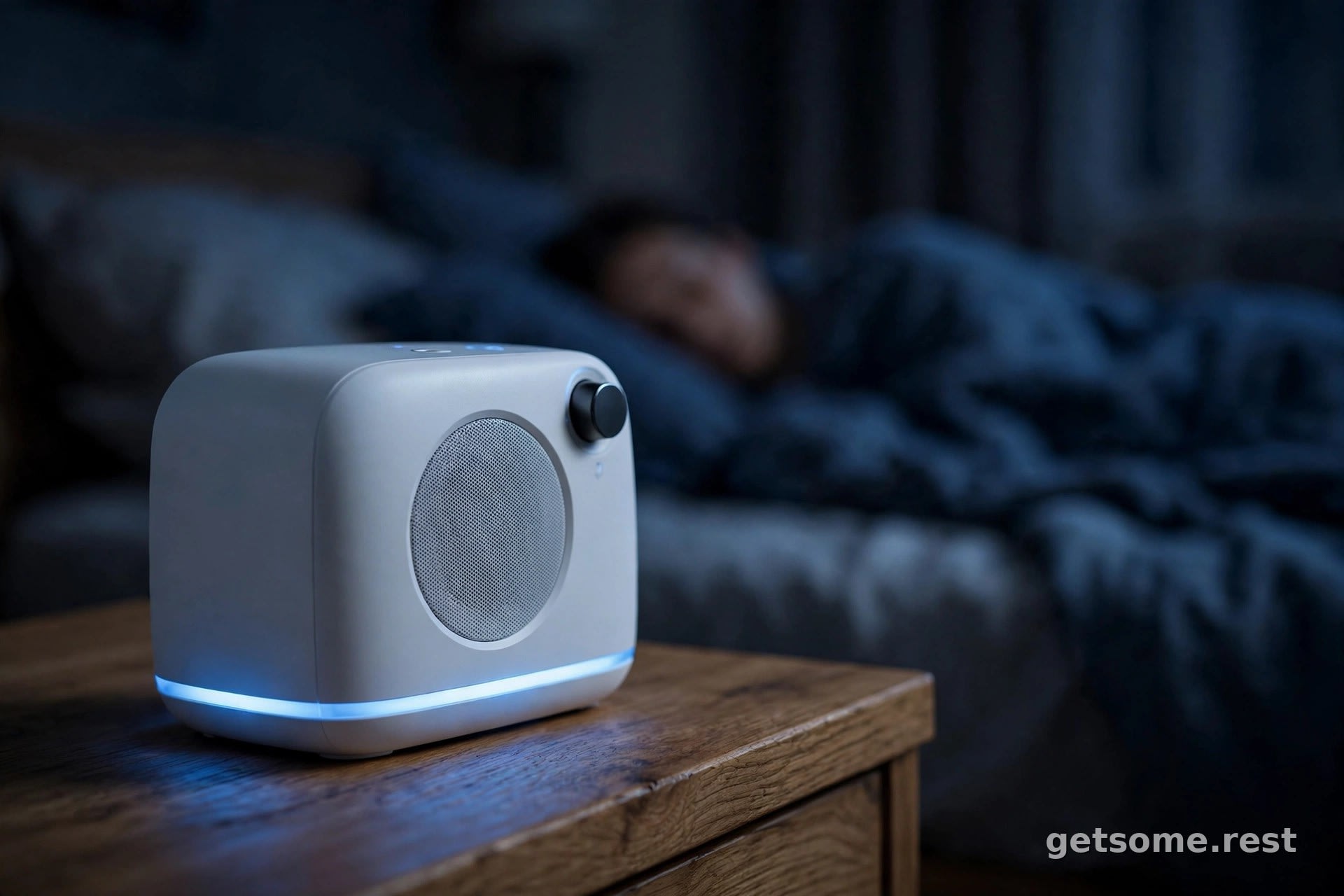 White noise machine glowing softly on a nightstand in a dark bedroom