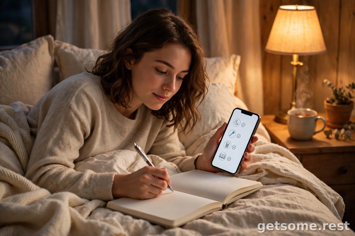 Person journaling in bed by warm lamplight with a phone showing an evening routine plan