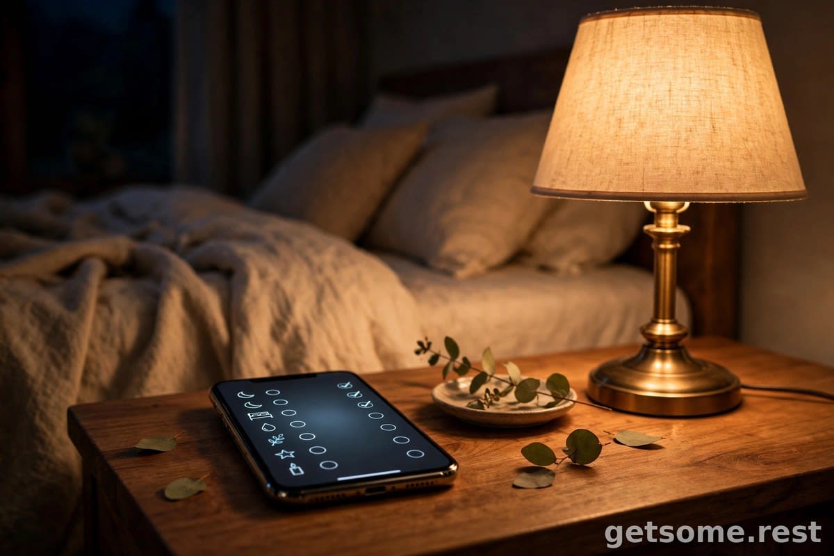 Phone with an evening wind-down checklist glowing on a nightstand beside a warm bedside lamp at night