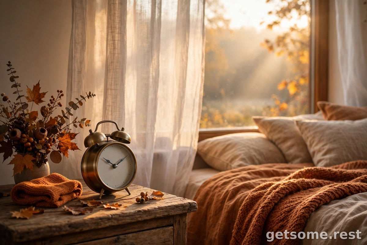 Bedside alarm clock reading 1:59 AM in warm lamplight, moments before the clocks fall back for the end of daylight saving time