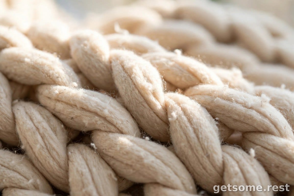 Close-up of the chunky hand-knit weave of a natural cotton weighted blanket in daylight