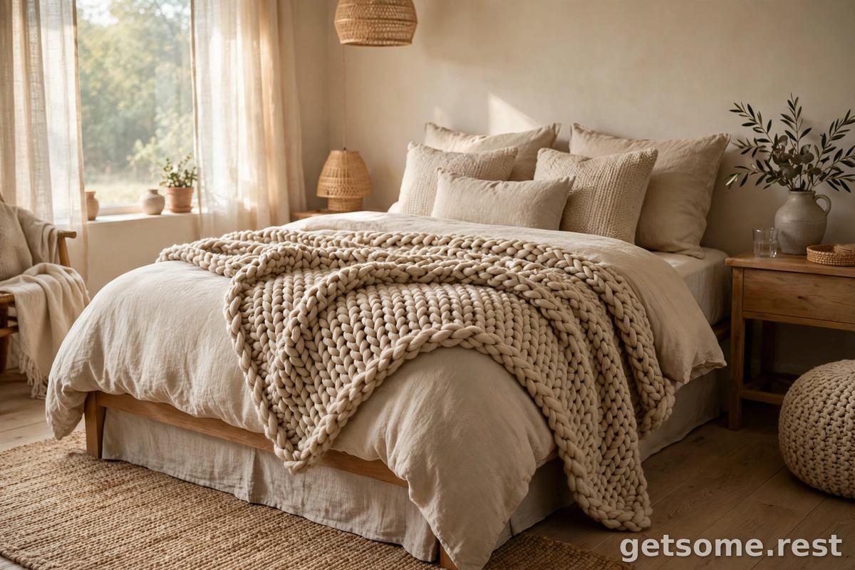 Chunky hand-knit weighted blanket in natural cotton draped over a bed in a bright cozy bedroom