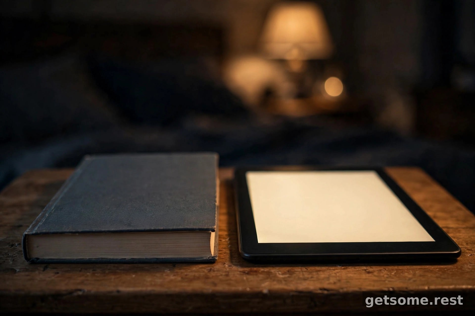 A paperback book and an e-reader lying side by side on a wooden nightstand in warm lamplight